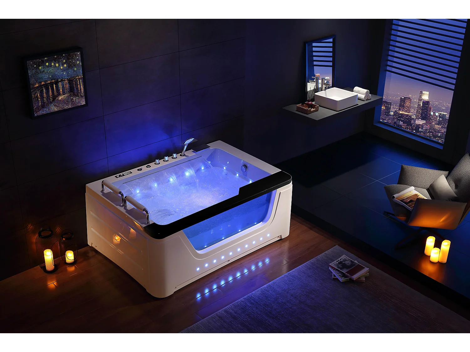 Ouest balnéo - Baignoire Punchy 67 Jets Balnéo Haut de Gamme 3 Chutes d'eau pour 2 personnes version droite avec barre noire