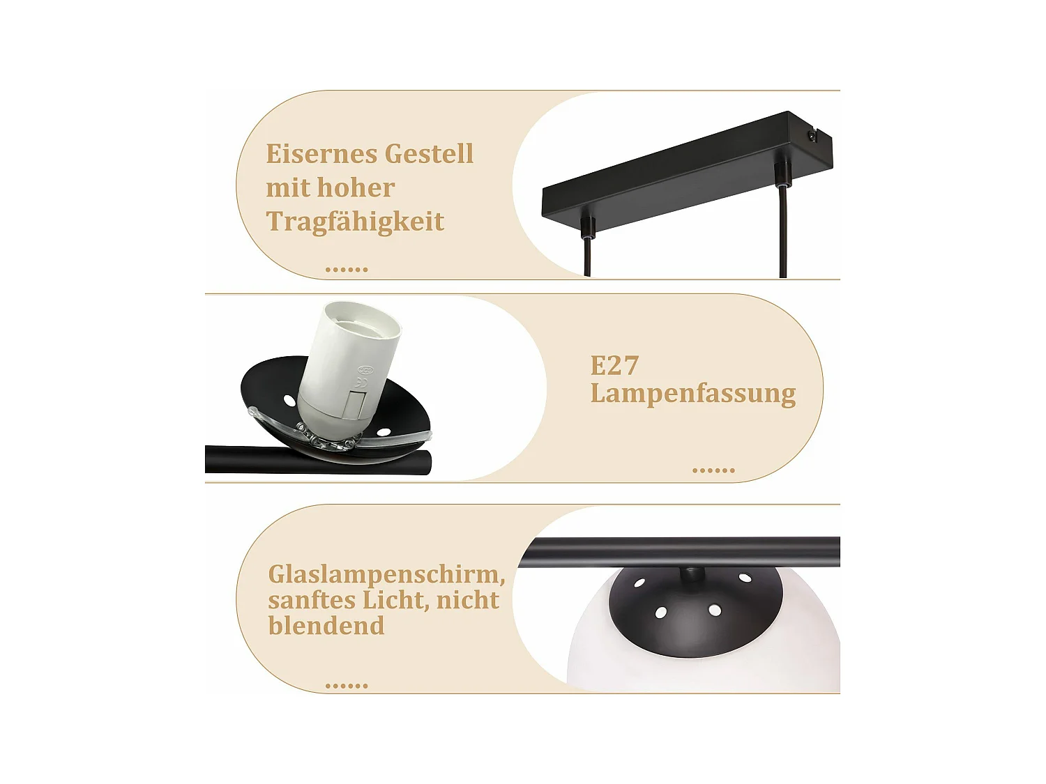 NETTLIFE Suspension noir E27 verre lampe à suspendre 5-flamme lampe de salle à manger moderne 150CM