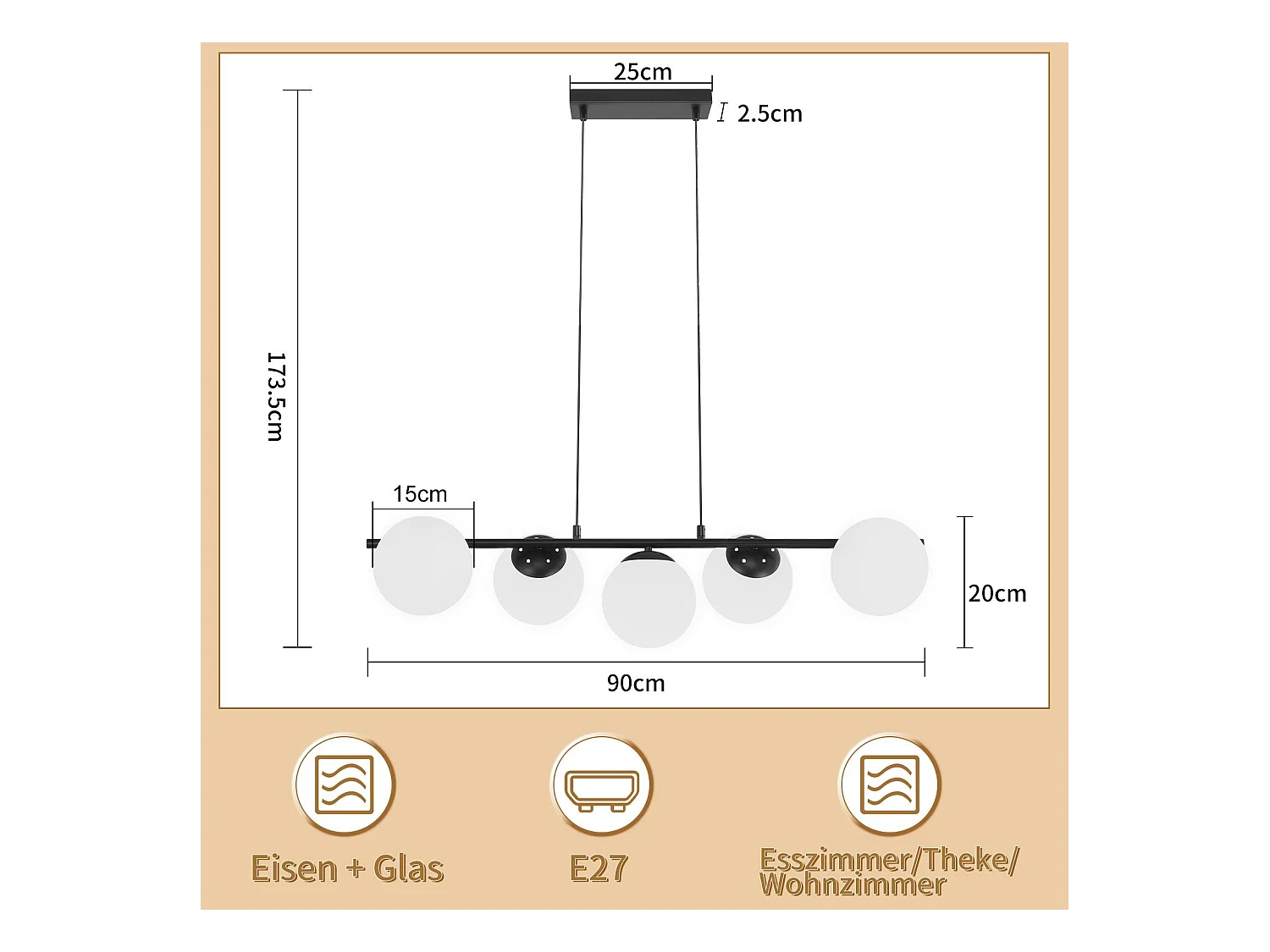 NETTLIFE Suspension noir E27 verre lampe à suspendre 5-flamme lampe de salle à manger moderne 150CM