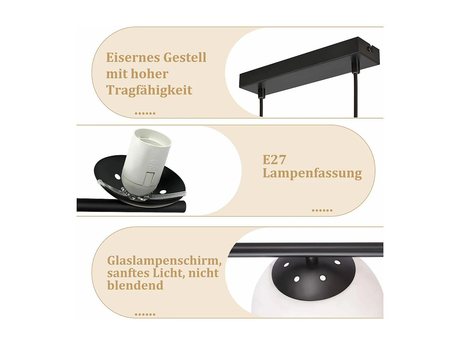 NETTLIFE Suspension noir E27 verre lampe à suspendre 5-flamme lampe de salle à manger moderne 150CM