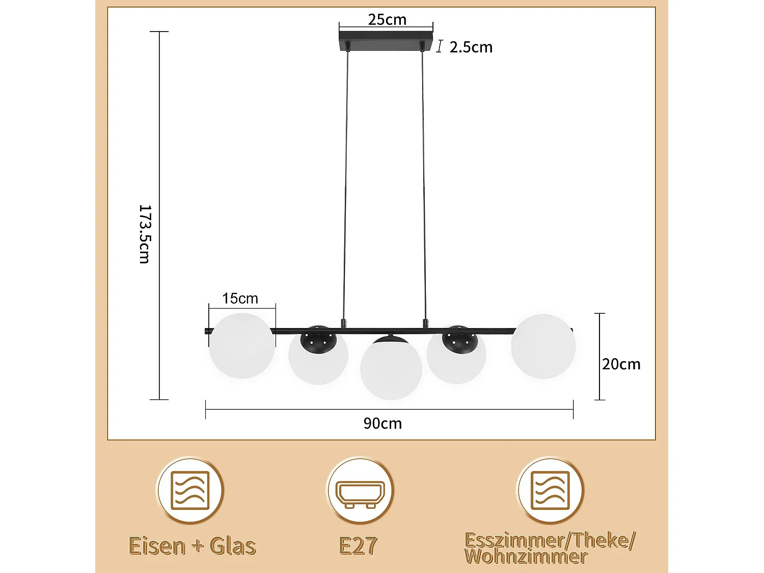 NETTLIFE Suspension noir E27 verre lampe à suspendre 5-flamme lampe de salle à manger moderne 150CM