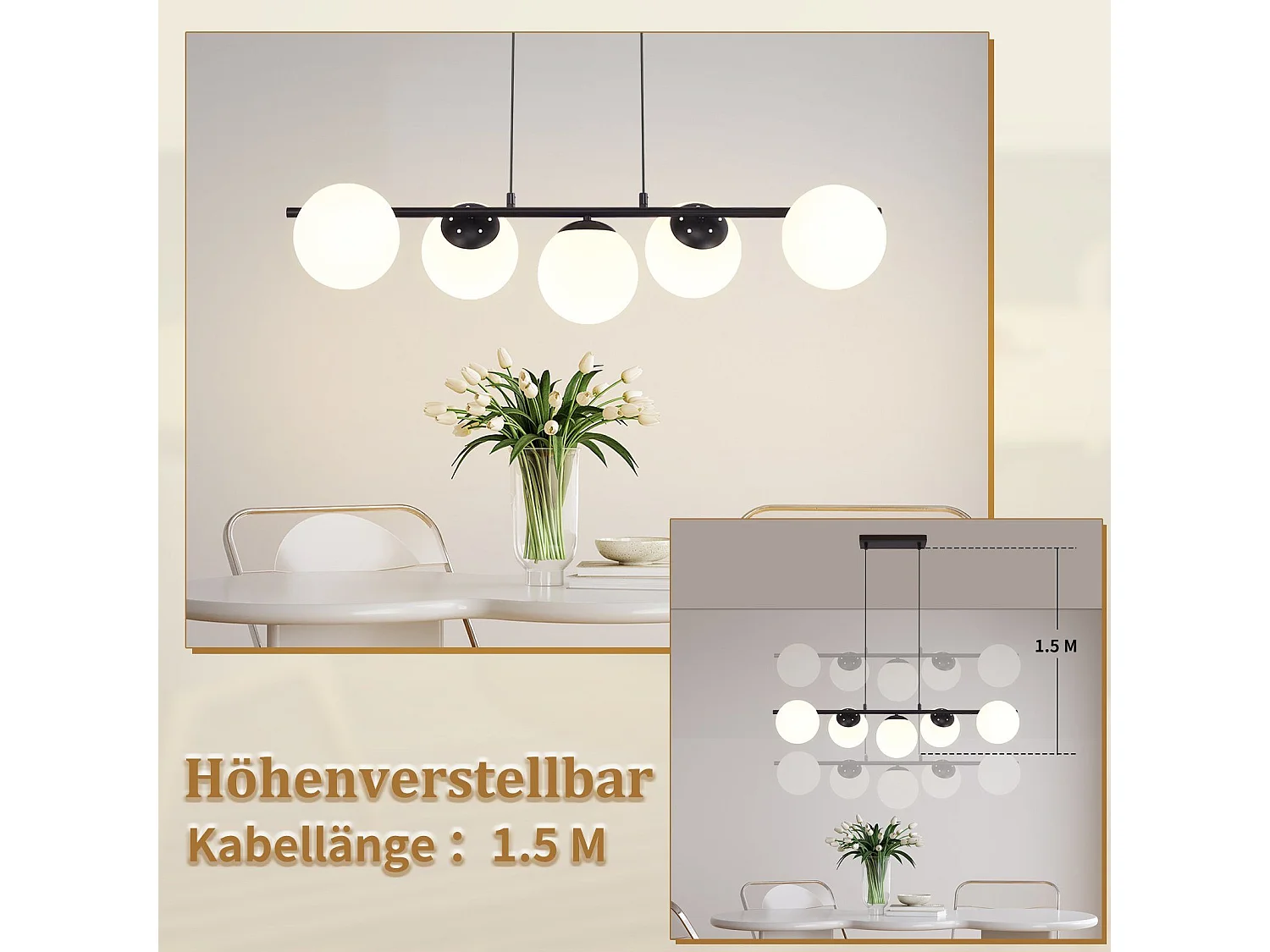 NETTLIFE Suspension noir E27 verre lampe à suspendre 5-flamme lampe de salle à manger moderne 150CM