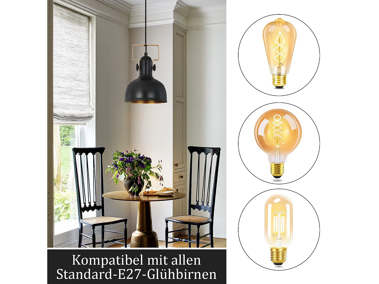 Vintage Pendelleuchte Esstisch Hängeleuchte 1 Glühbirne Schwarz Industrie E27 40w