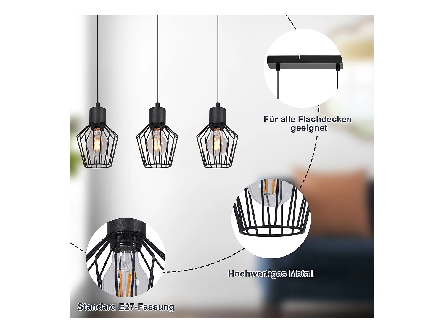 NETTLIFE Hängelampe, 3 Lichter, Metall – Hängelampe, Esstisch, industrielle Küchenlampe, schwarze LED-E27-Metalllampen für Flur, Schlafzimmer, Wohnzimmer, Café