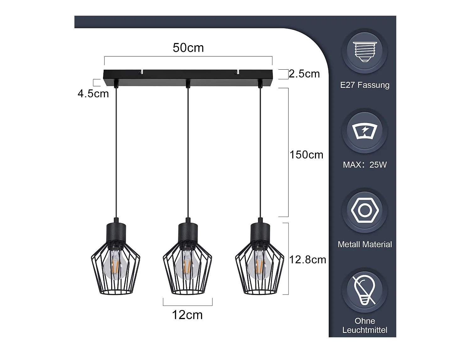 NETTLIFE Suspension 3 flammes suspension métal industrielle noir LED E27 métal