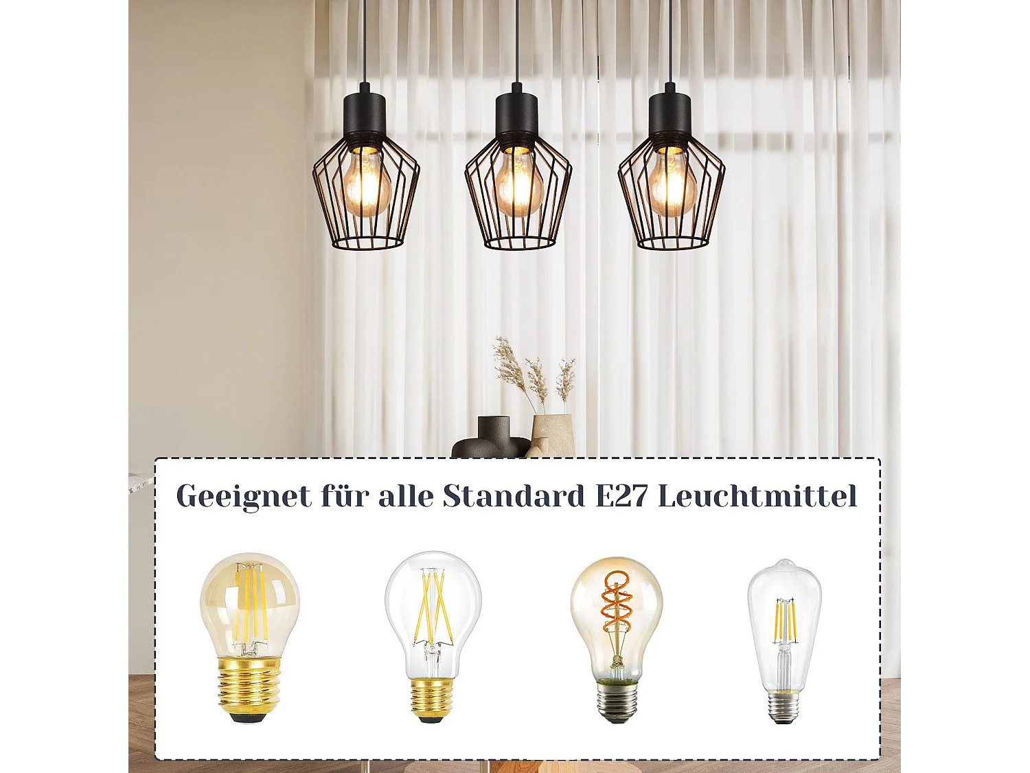 NETTLIFE Suspension 3 flammes suspension métal industrielle noir LED E27 métal