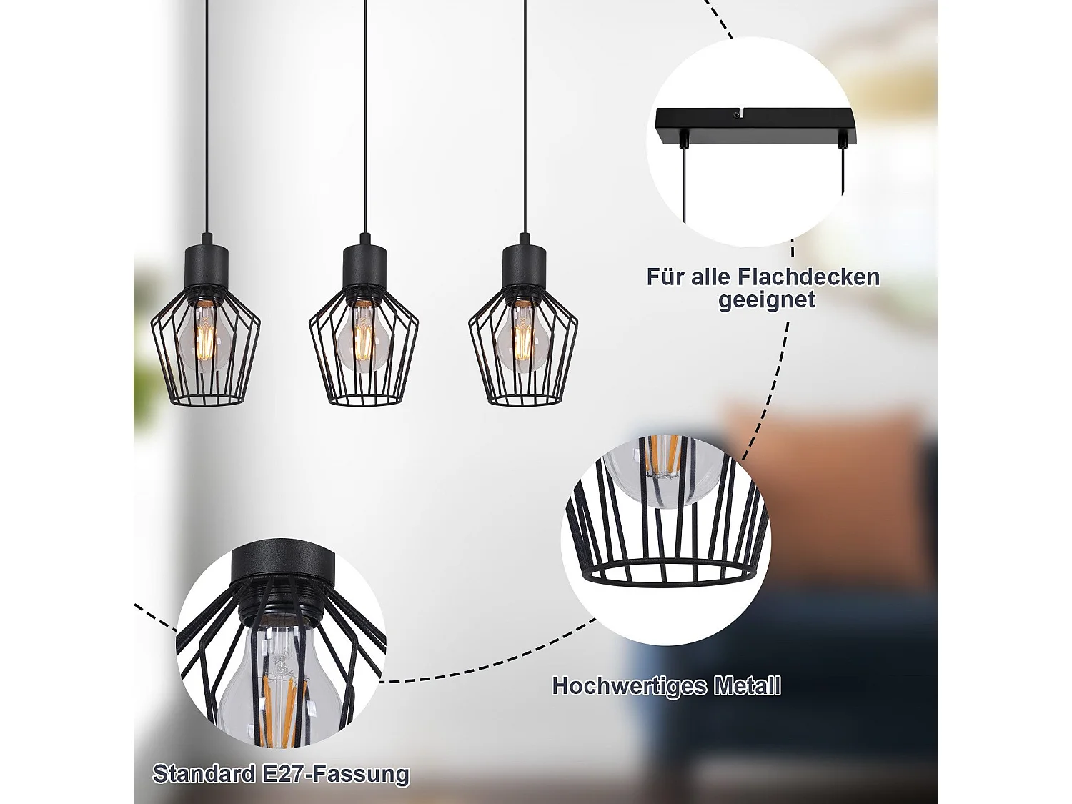 NETTLIFE Suspension 3 flammes suspension métal industrielle noir LED E27 métal