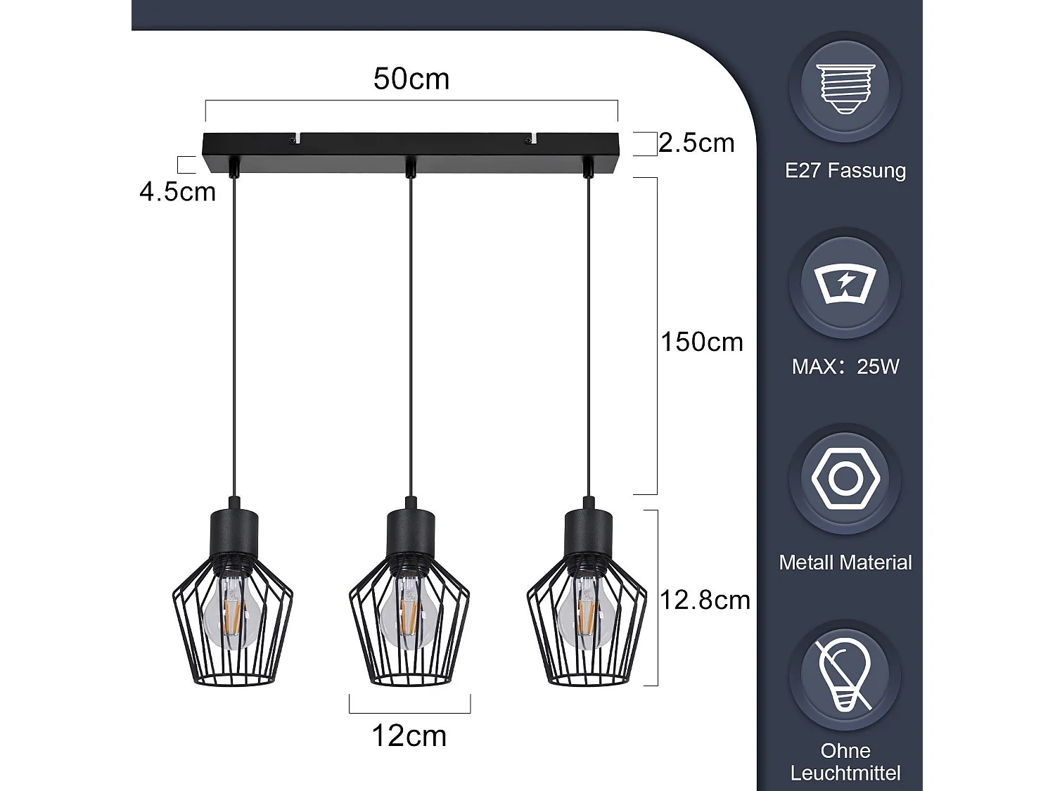 NETTLIFE Suspension 3 flammes suspension métal industrielle noir LED E27 métal