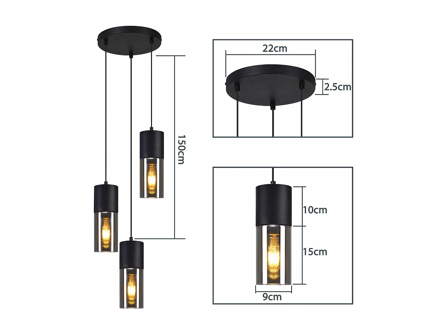 NETTLIFE Suspension 3 ampoules suspension verre E27 LED suspension ronde noire