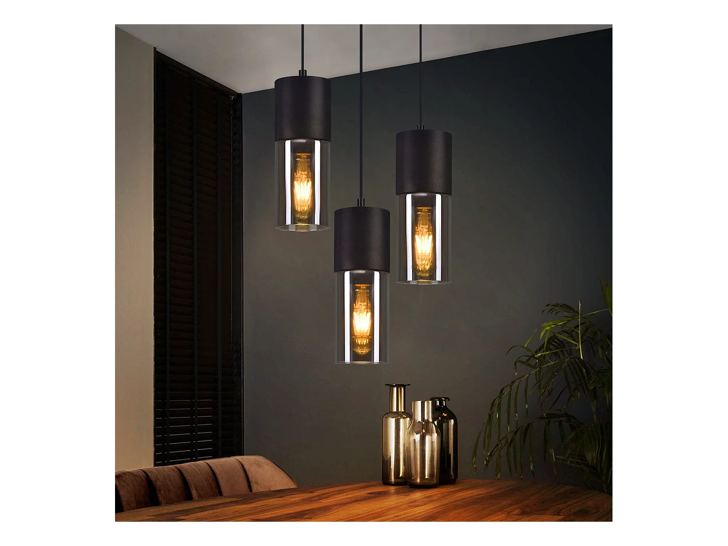 NETTLIFE Lampa wisząca 3-żarówkowa szklana lampa wisząca E27 LED, czarna, okrągła lampa wisząca