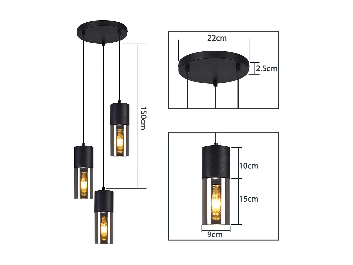NETTLIFE Suspension 3 ampoules suspension verre E27 LED suspension ronde noire
