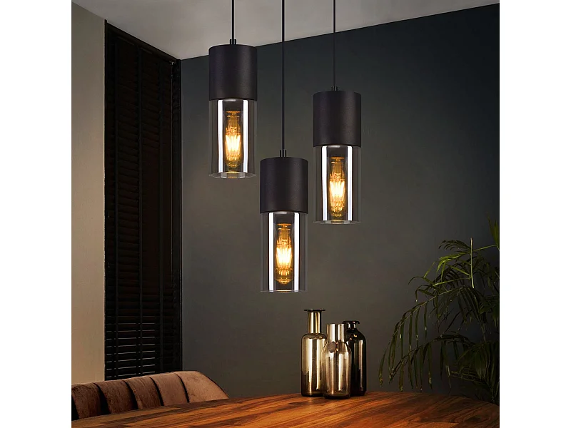 NETTLIFE Suspension 3 flammes en verre - LED ronde lampe à suspendre noir lampes de table E27 métal abat-jour lampe pour table à manger escalier chambre à coucher