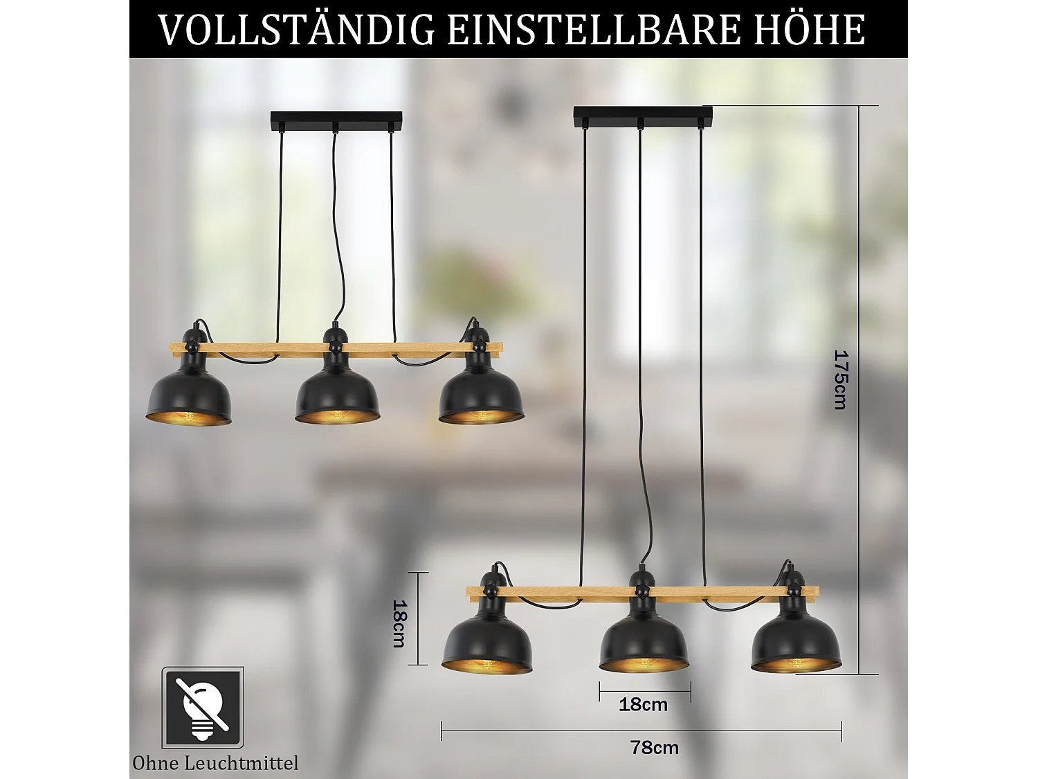 Vintage Pendelleuchte 3-flammig Schwarz Retro Industriell E27 Max.40w