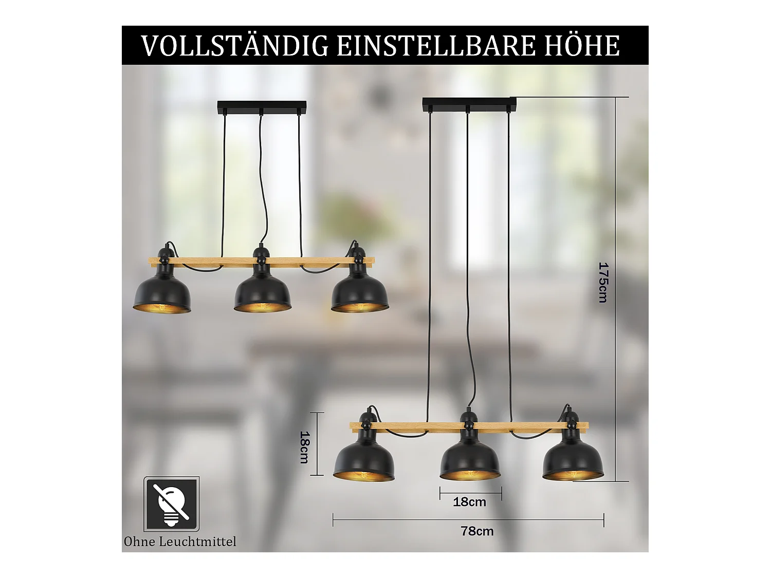 NETTLIFE Lámpara colgante vintage para comedor: 3 bombillas negras retro industriales E27 MAX.40W