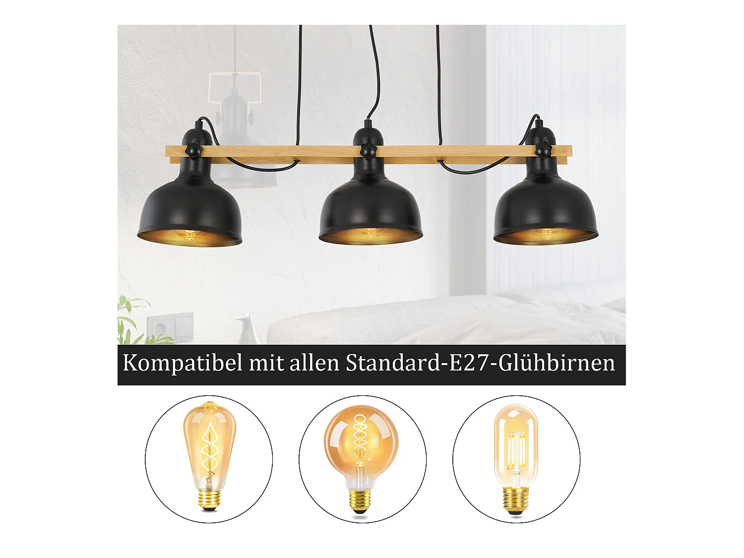 NETTLIFE Lámpara colgante vintage para comedor: 3 bombillas negras retro industriales E27 MAX.40W
