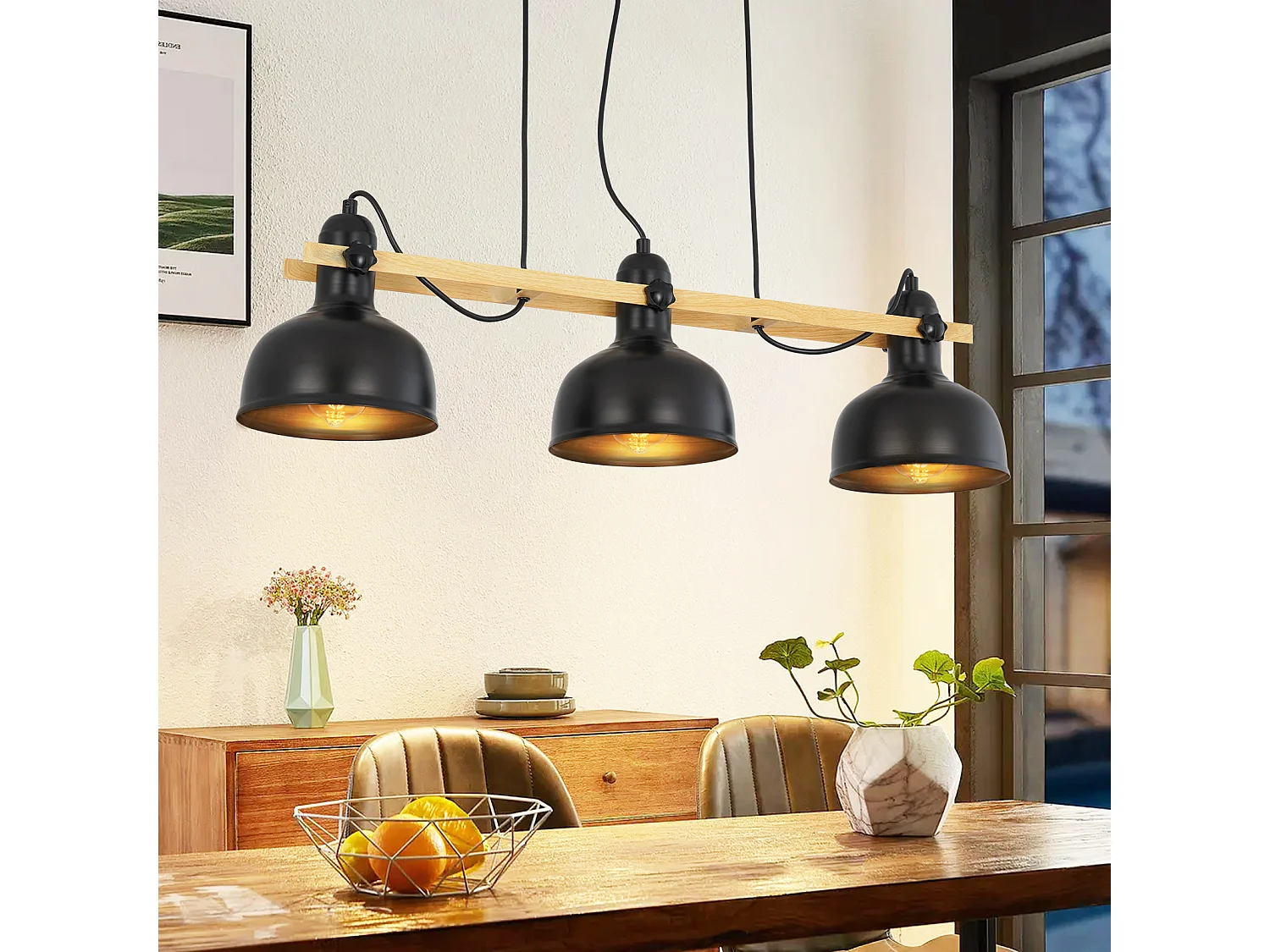 NETTLIFE Lampe suspendue vintage table à manger : 3 ampoules noir rétro industriel E27 MAX.40W