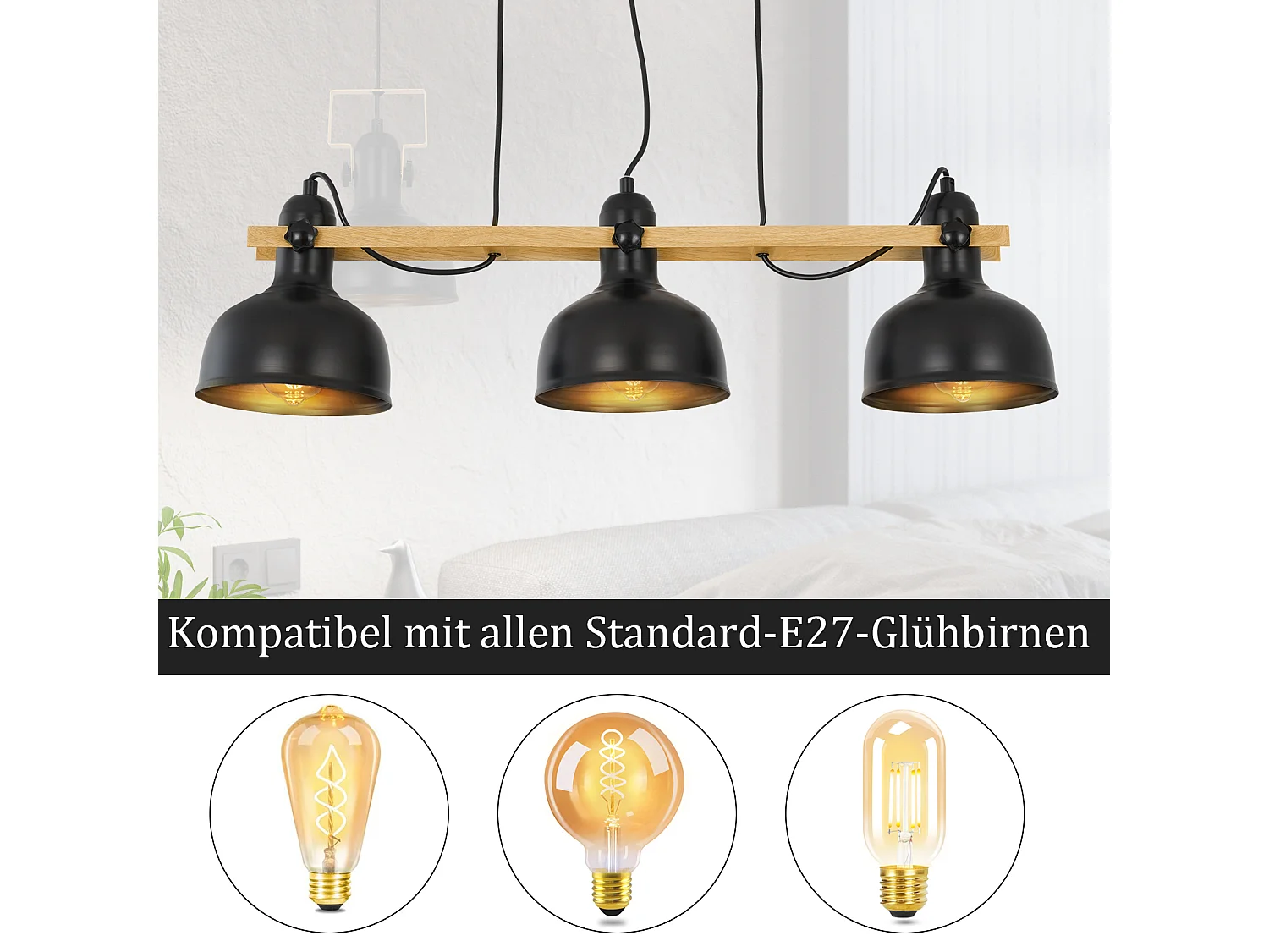 NETTLIFE Lampe suspendue vintage table à manger : 3 ampoules noir rétro industriel E27 MAX.40W