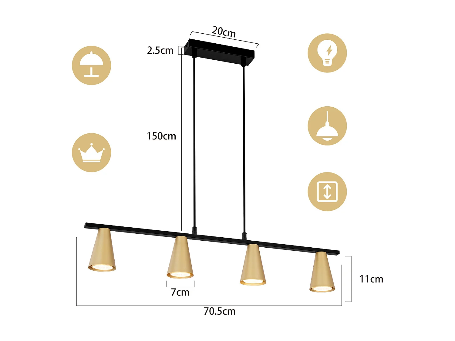 NETTLIFE Lampe suspendue table à manger suspension or: GU10 suspension moderne e 4 flammes métal en noir industriel