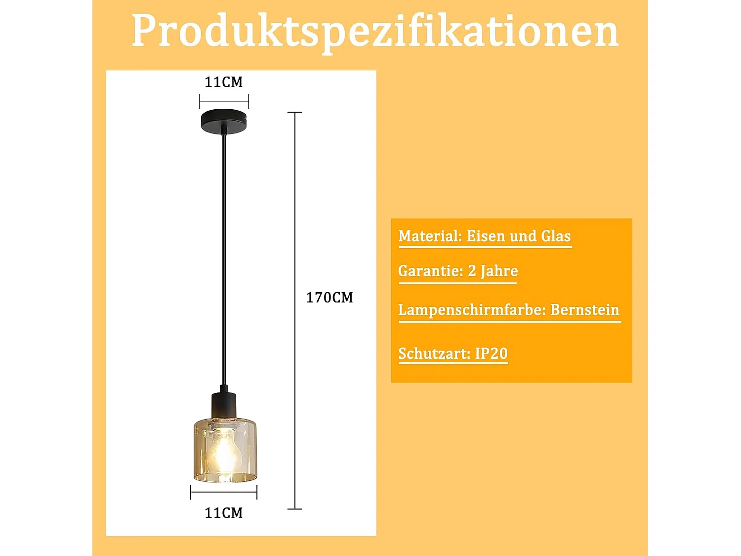 NETTLIFE Hanglamp - E27 fitting - Bernstein - rond - Glas - Vintage Eettafellamp 11cm - Industriele Eetkamerlamp - voor voor Keuken | Woonkamer | Hal | Kantoor