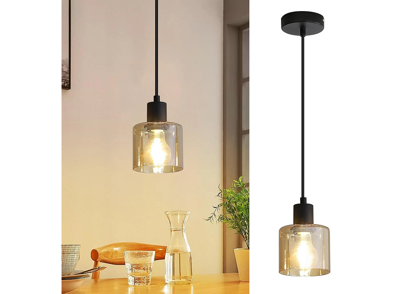 NETTLIFE Mesa de comedor suspendida, lámpara colgante vintage, colgante E27, colgante negro, 1 bombilla retro industrial.