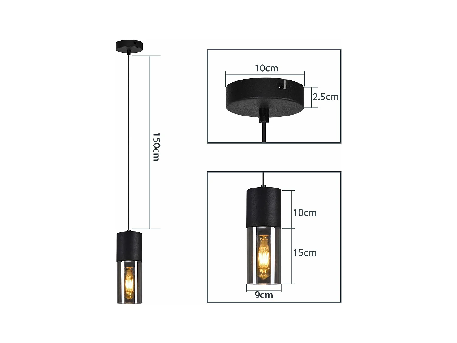 NETTLIFE Suspensión lámpara de suspensión negra E27 para cocina, vidrio negro, metal, 1 bombilla industrial moderna