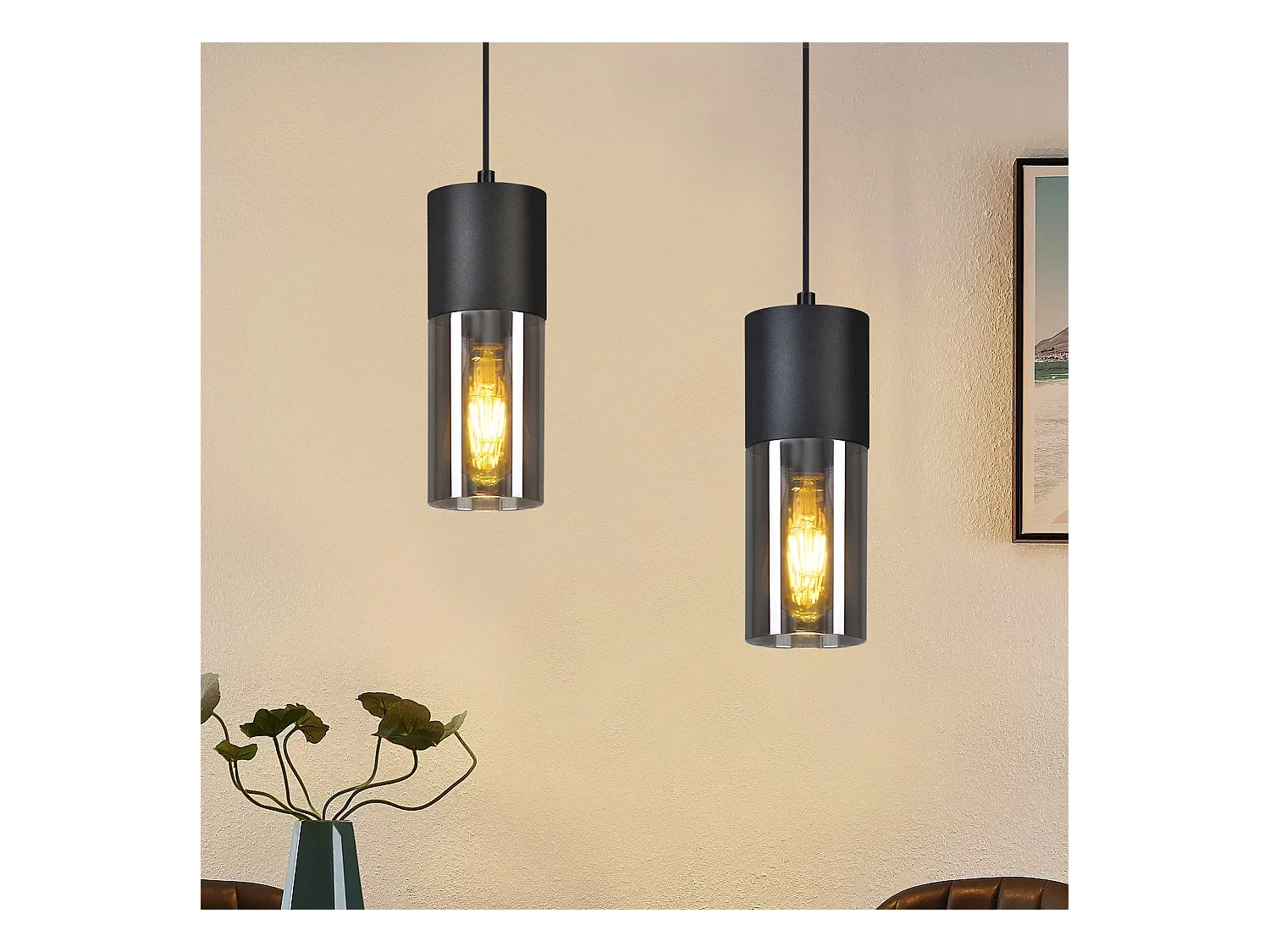 NETTLIFE Suspensión lámpara de suspensión negra E27 para cocina, vidrio negro, metal, 1 bombilla industrial moderna