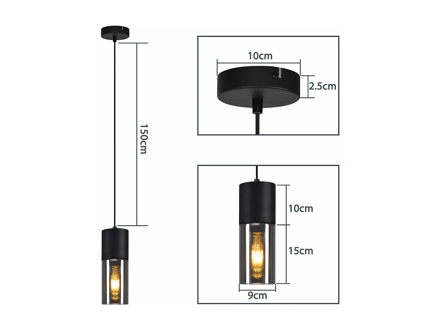 NETTLIFE Suspension lampe suspension noire E27 cuisine verre noir métal 1 ampoule industrielle moderne