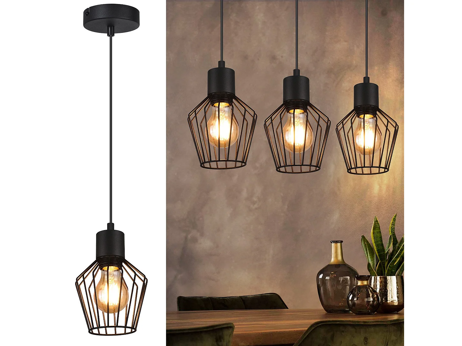 NETTLIFE Suspension table à manger suspension noire suspension E27 1 flamme métal