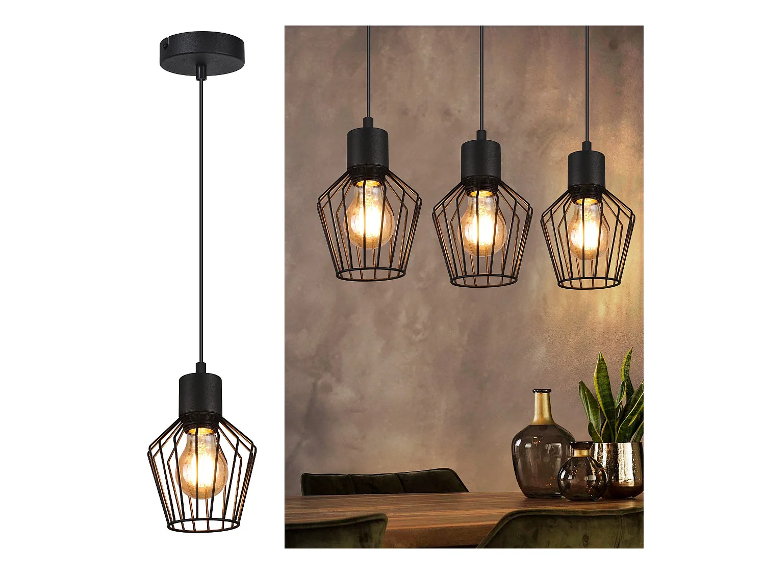 NETTLIFE Suspension table à manger suspension noire suspension E27 1 flamme métal