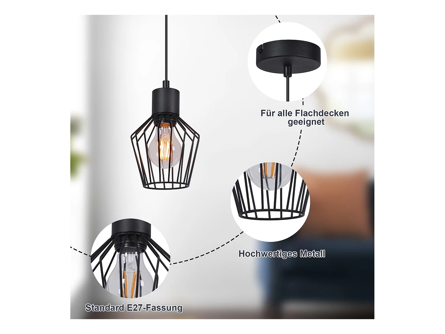 NETTLIFE Suspension table à manger suspension noire suspension E27 1 flamme métal