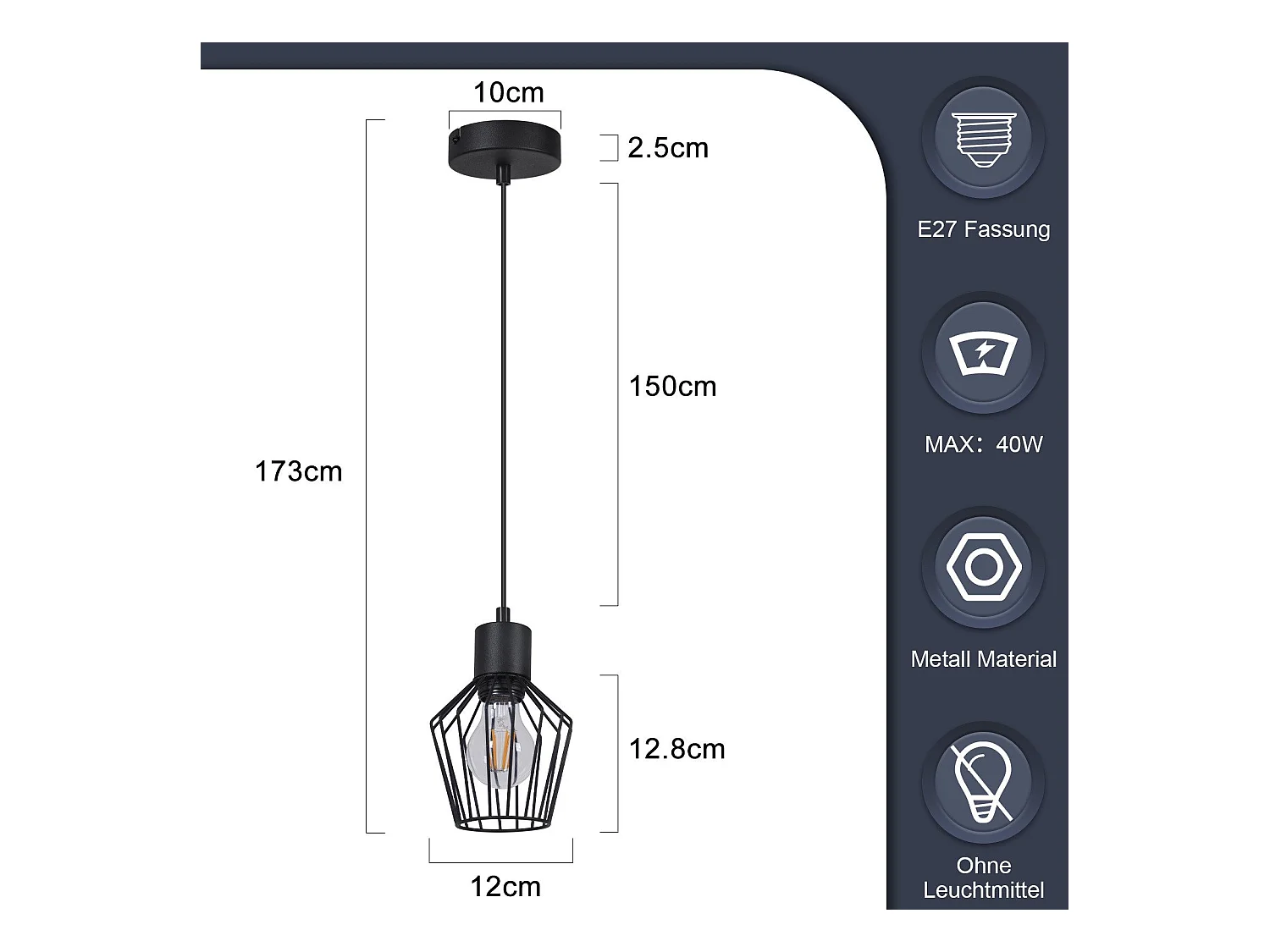 NETTLIFE Suspension table à manger suspension noire suspension E27 1 flamme métal