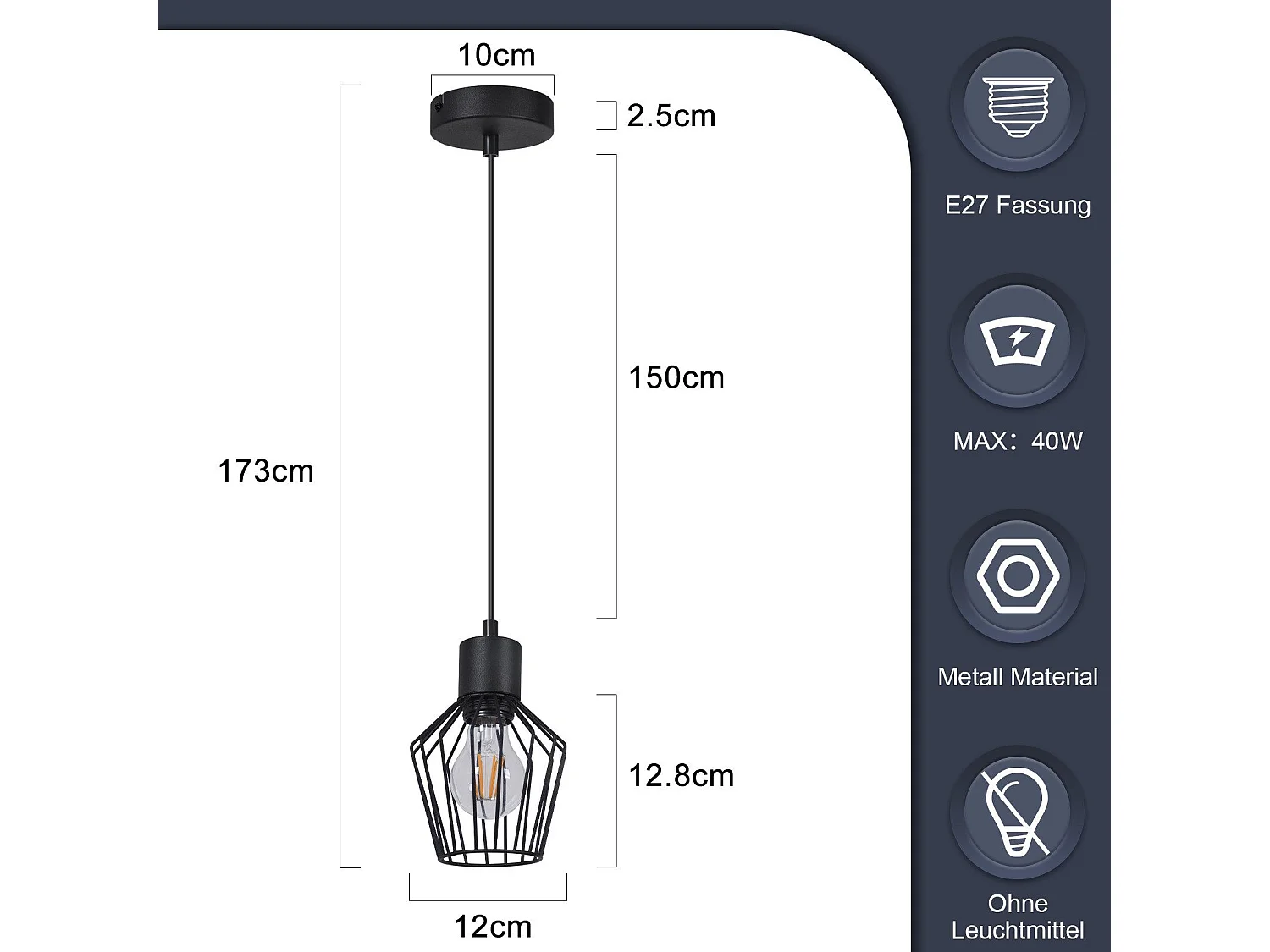 NETTLIFE Suspension table à manger suspension noire suspension E27 1 flamme métal