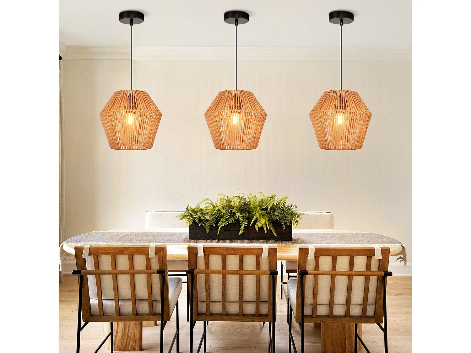 NETTLIFE Hanglamp Rotan - E27 Fitting - Vintage Eetkamerlamp - Boho Korflamp 176cm - Rustieke Eettafellamp Hangend - Max.40W - voor Keuken | Woonkamer | Slaapkamer