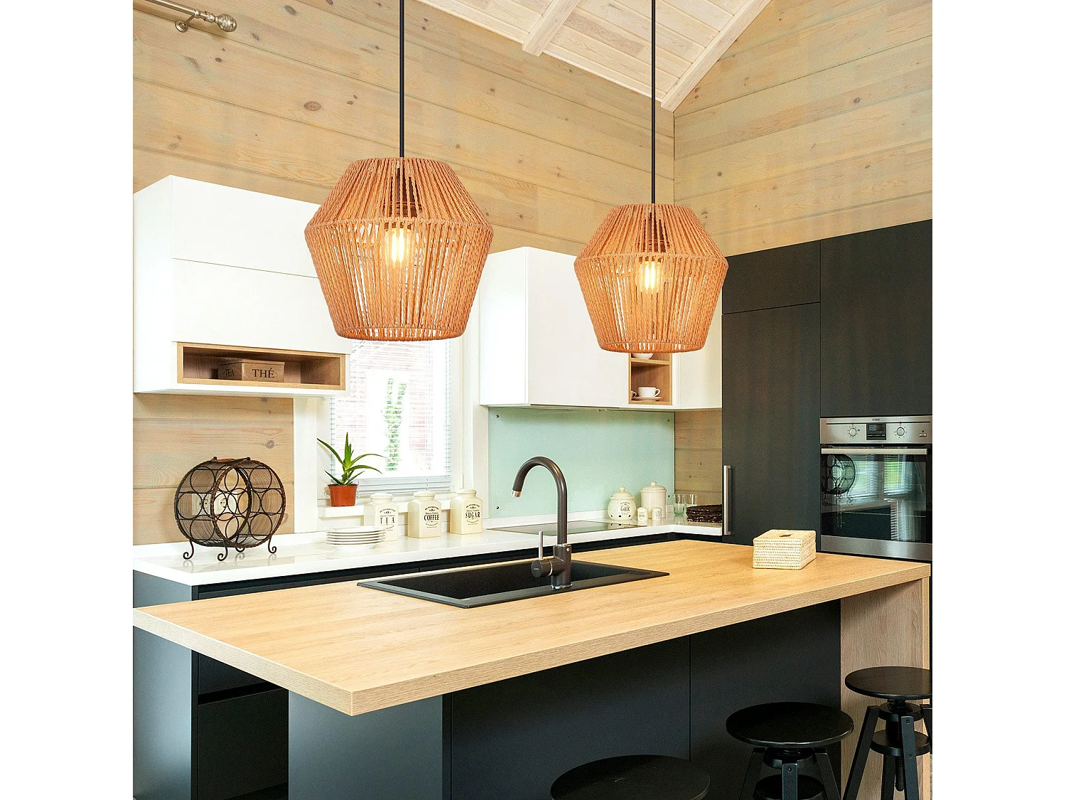 NETTLIFE Hanglamp Rotan - E27 Fitting - Vintage Eetkamerlamp - Boho Korflamp 176cm - Rustieke Eettafellamp Hangend - Max.40W - voor Keuken | Woonkamer | Slaapkamer