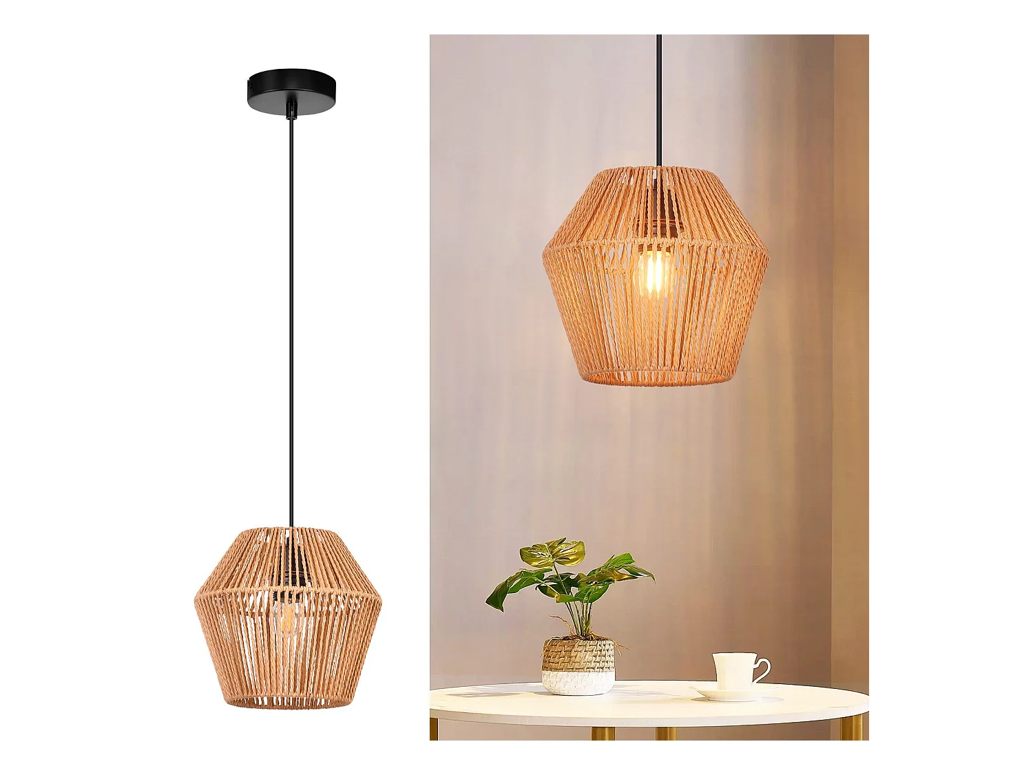 NETTLIFE Lampe à suspension vintage en rotin 150 cm E27 40W