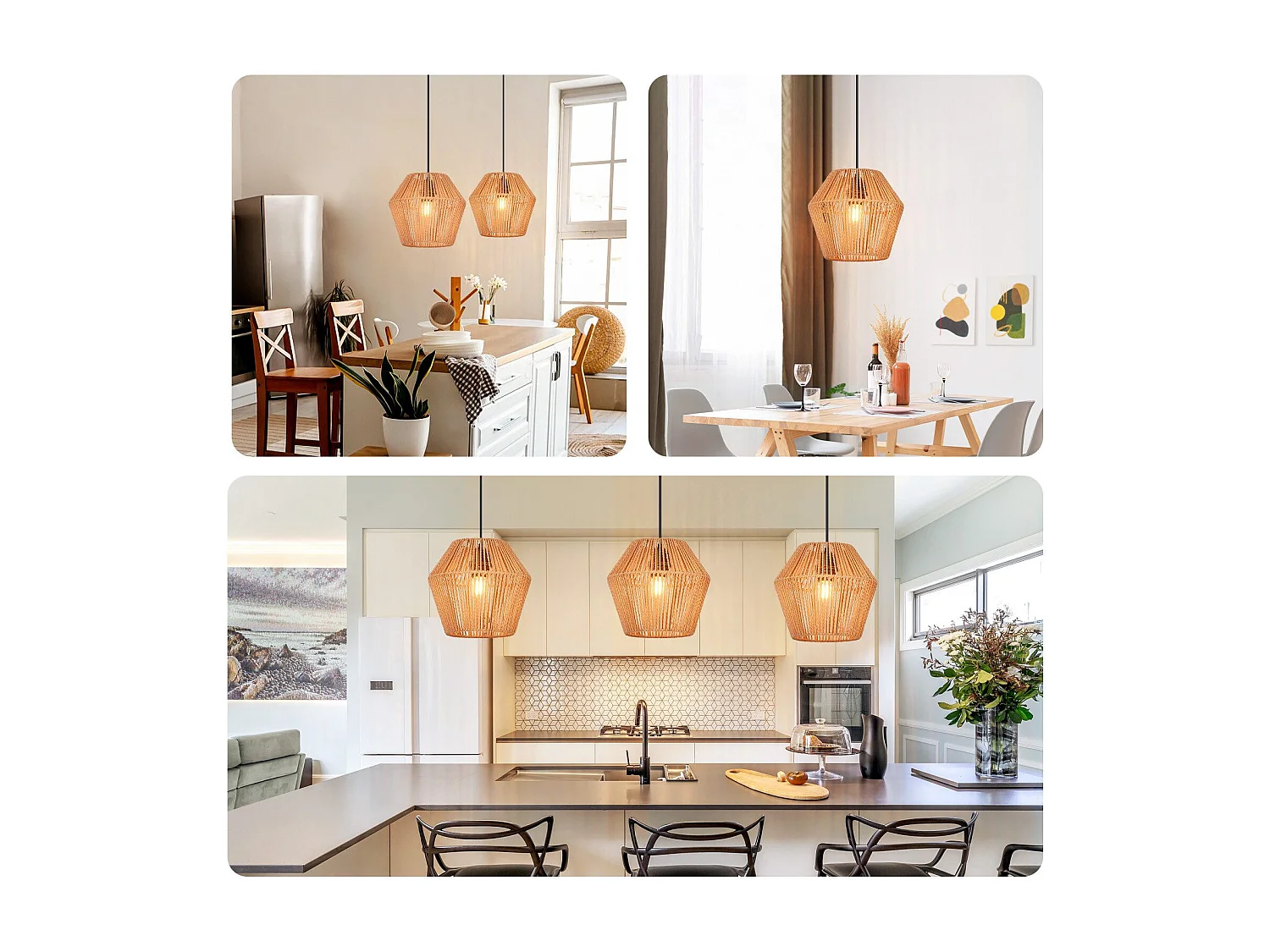 NETTLIFE Lampe à suspension vintage en rotin 150 cm E27 40W