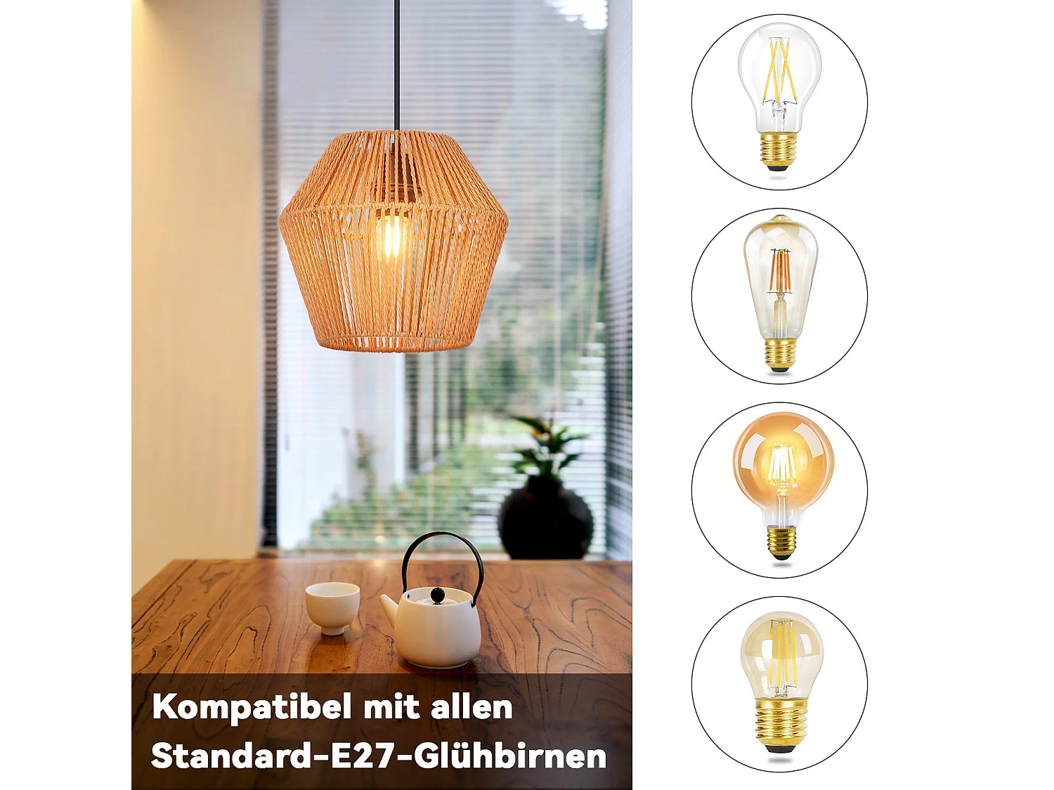 NETTLIFE Lampe à suspension vintage en rotin 150 cm E27 40W