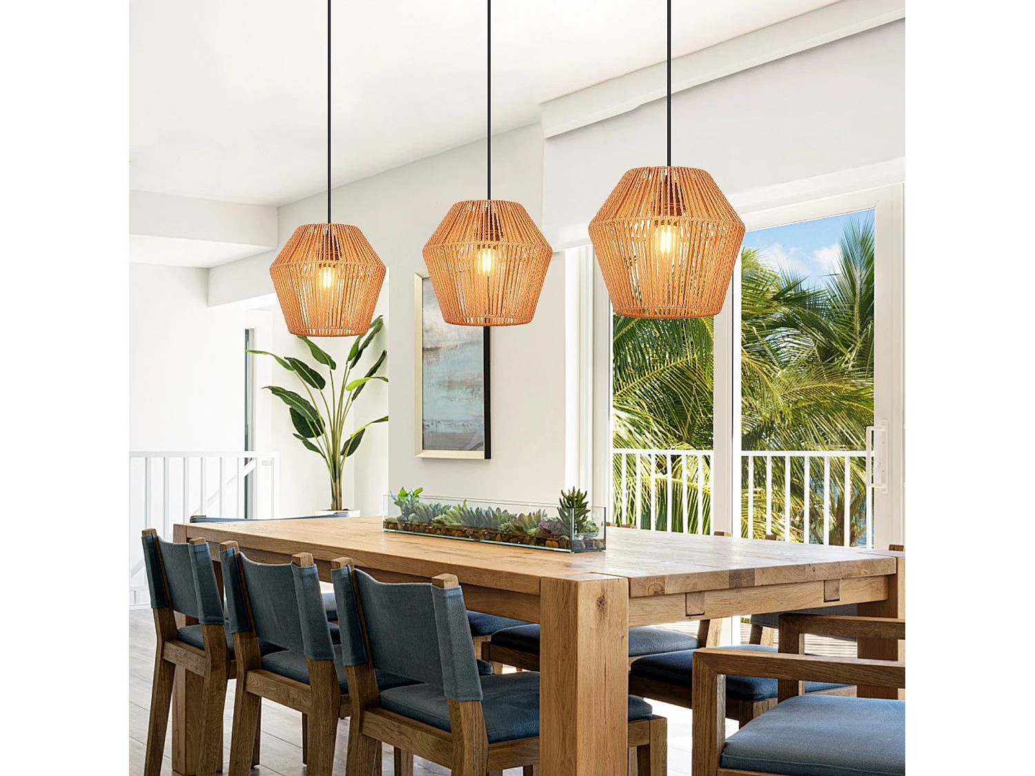 NETTLIFE Lampe à suspension vintage en rotin 150 cm E27 40W