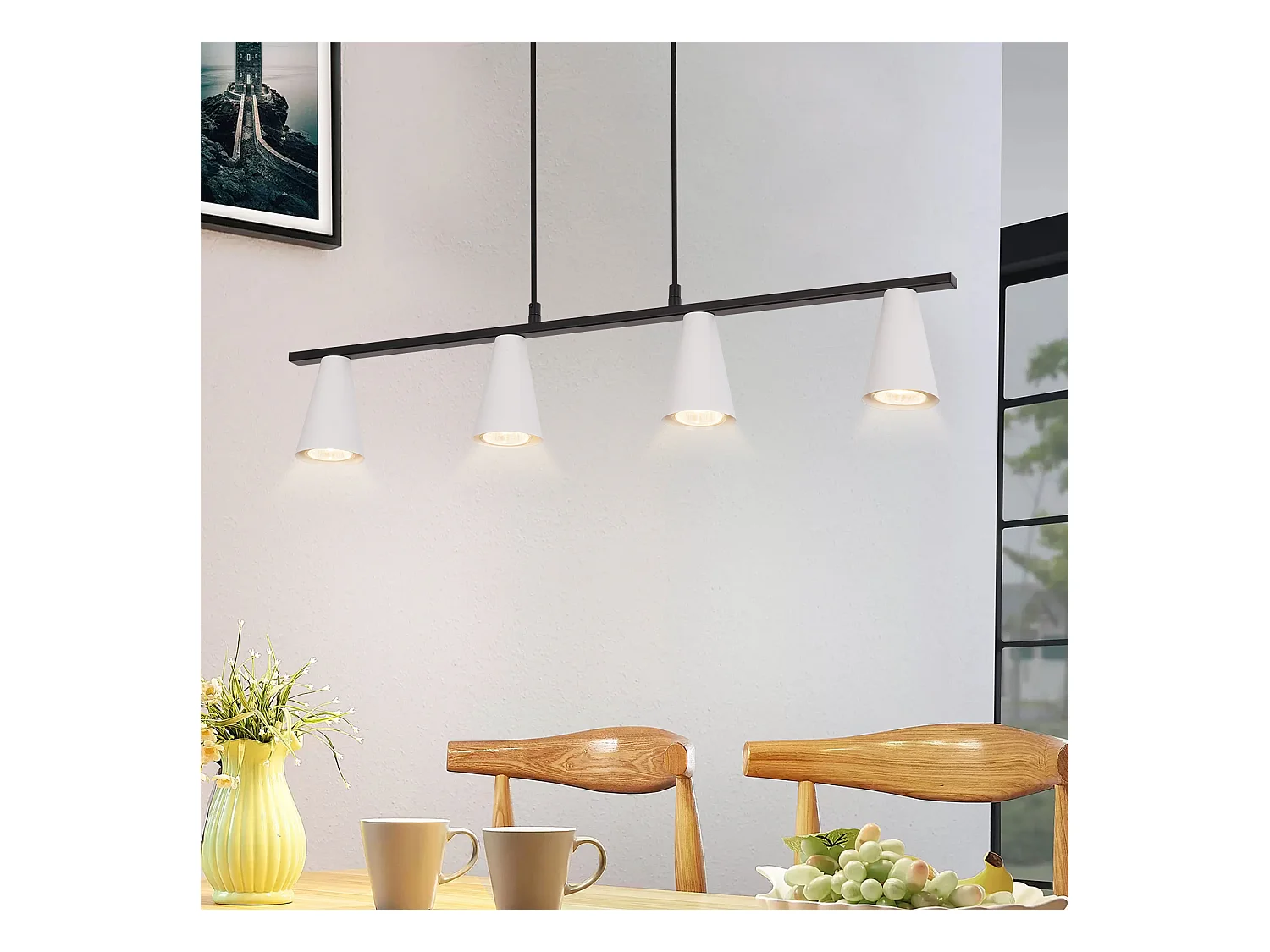 NETTLIFE Lámpara colgante para mesa de comedor, lámpara para mesa de comedor, 4 bombillas metálicas blancas GU10, negro industrial sin bombilla.