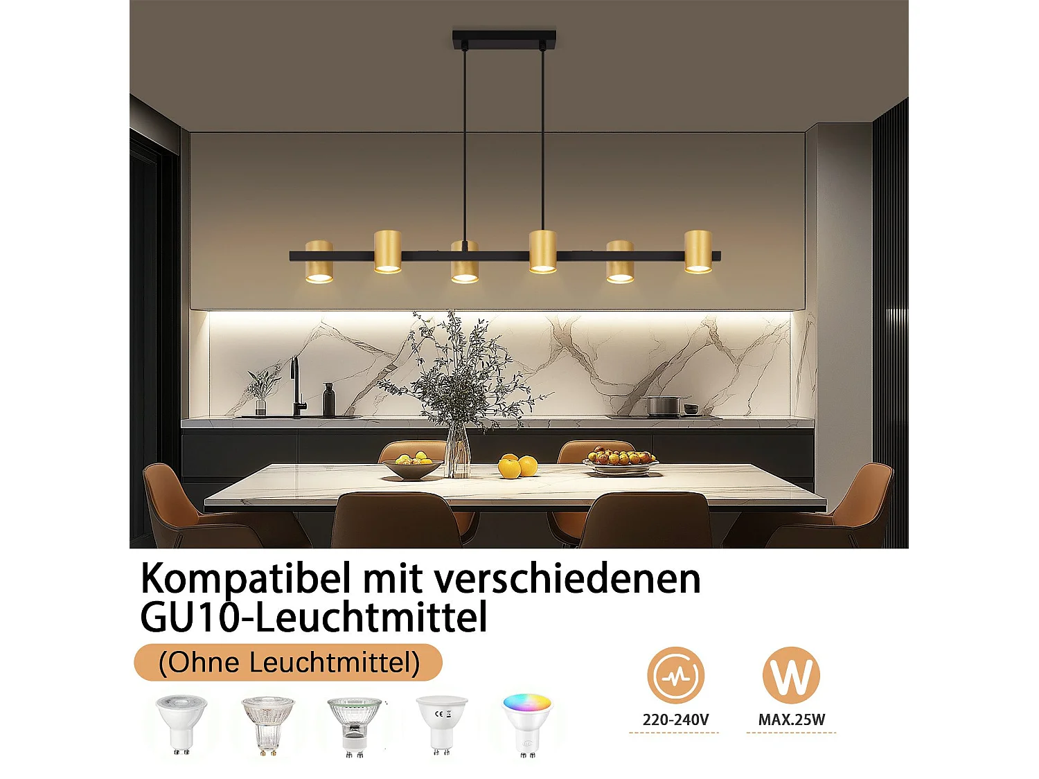 NETTLIFE Suspension table à manger lampe suspendue 6 ampoules noir GU10 métal industrielle