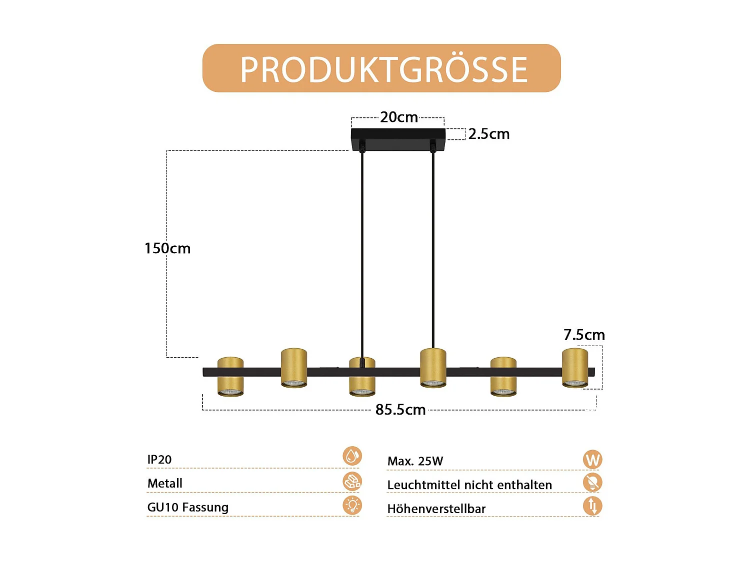 NETTLIFE Suspension table à manger lampe suspendue 6 ampoules noir GU10 métal industrielle