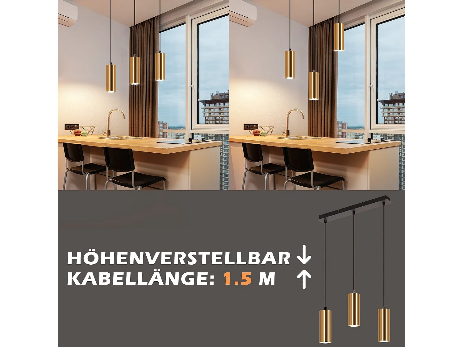 NETTLIFE Suspensión de 3 focos, color oro y negro, vintage, GU10, industrial.