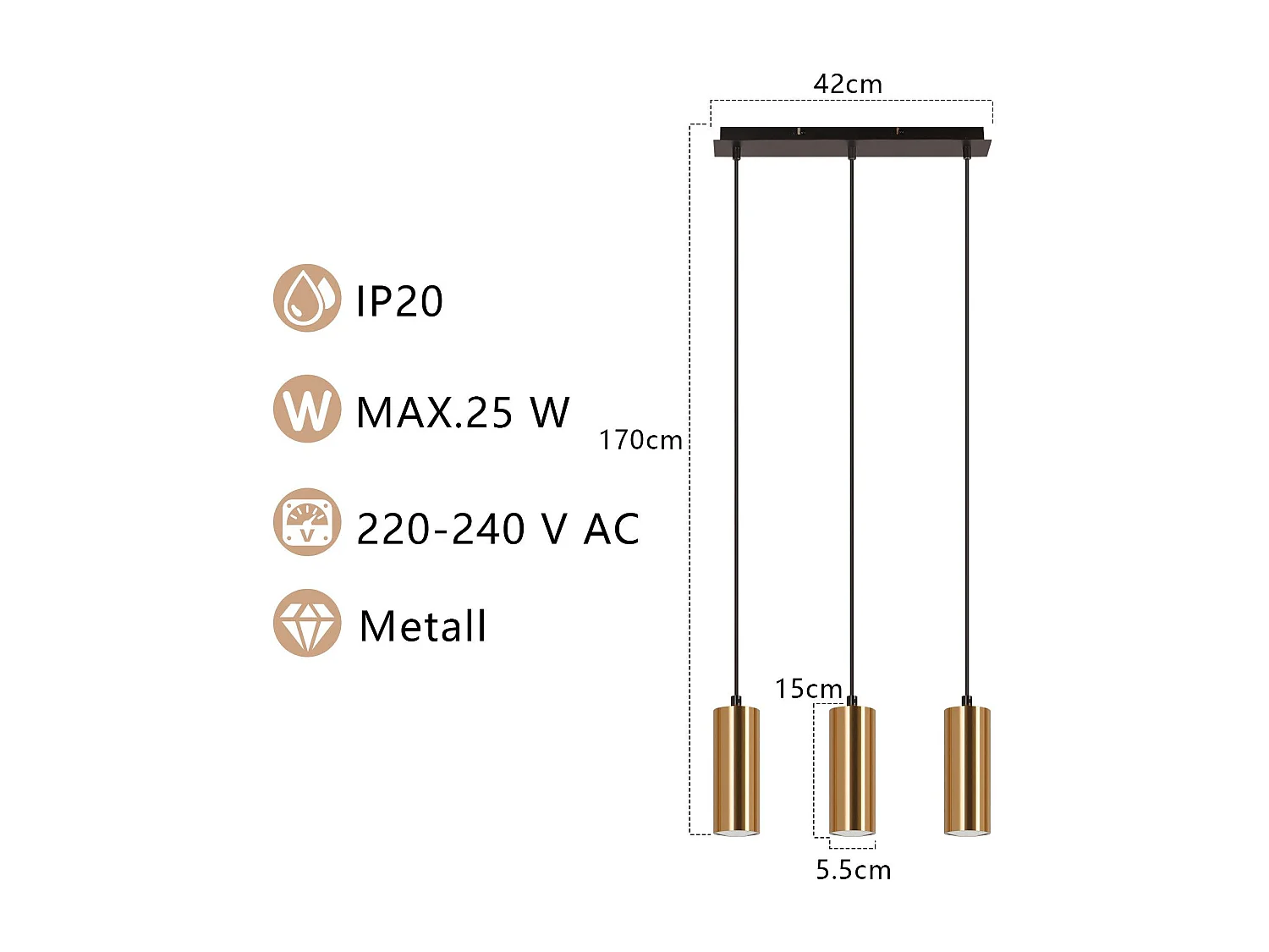 NETTLIFE Suspensión de 3 focos, color oro y negro, vintage, GU10, industrial.