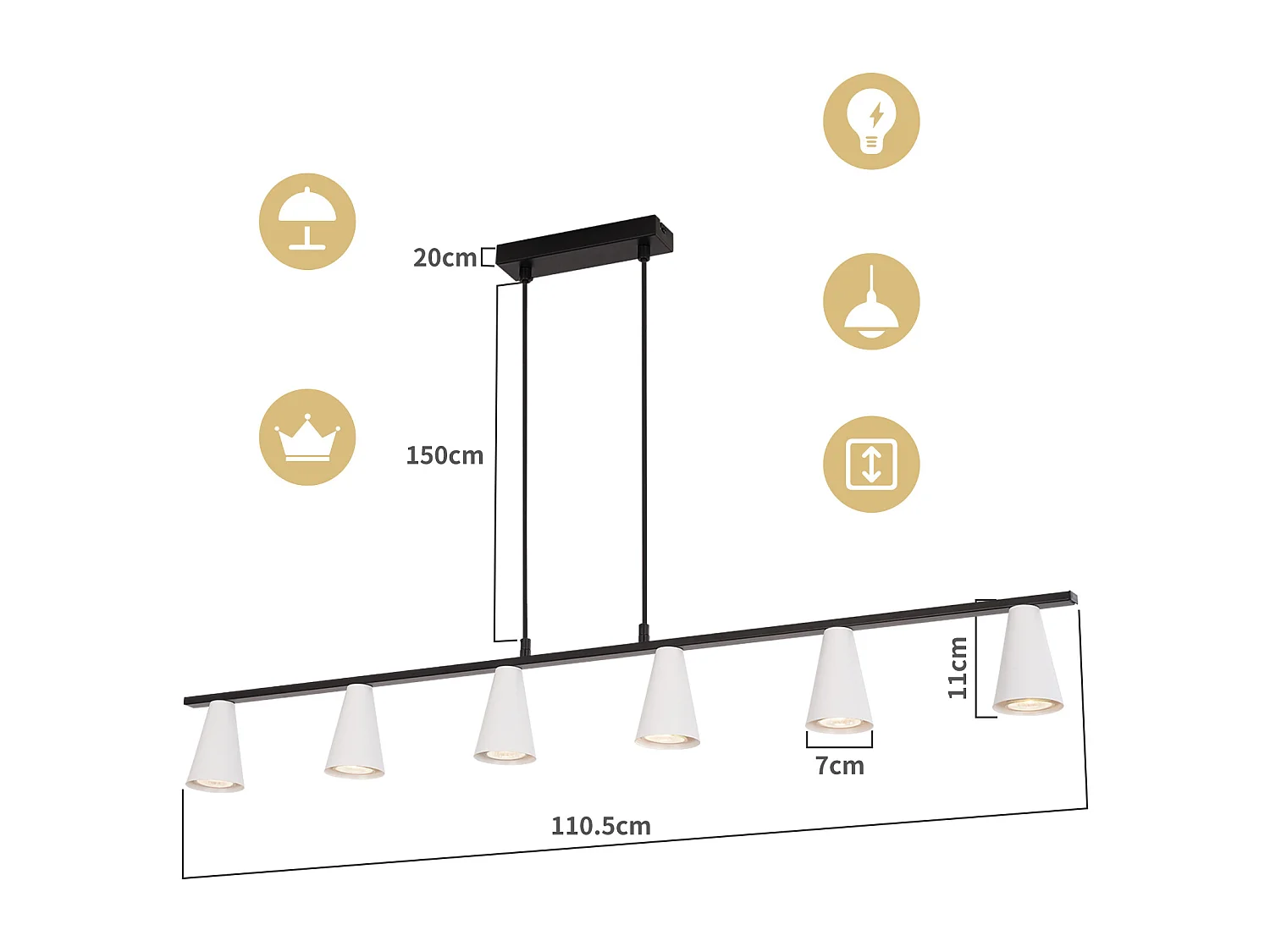 NETTLIFE Suspension table à manger lampe suspendue 6 ampoules - lampe de table à manger suspendue blanc moderne noir GU10 métal