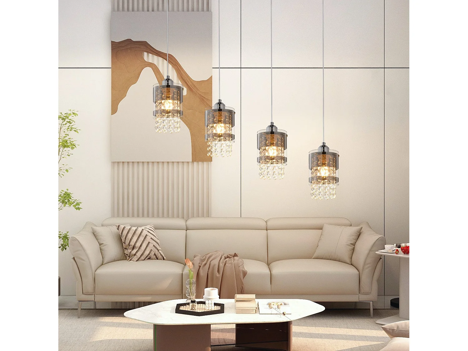 NETTLIFE Hanglamp Kristal 4-Lichts E27 fitting Modern Glazen Eettafellamp Hangend 150CM In Hoogte Verstelbaar Hanglamp voor Eetkamer Keuken Woonkamer Zonder Lampen