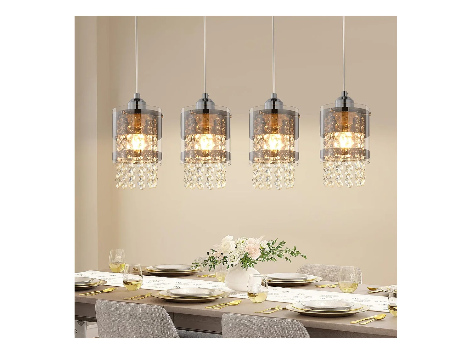 NETTLIFE Suspension Table à manger Moderne Verre Suspension 4 Flammes Suspendue 150CM Réglable en hauteur Cristal E27