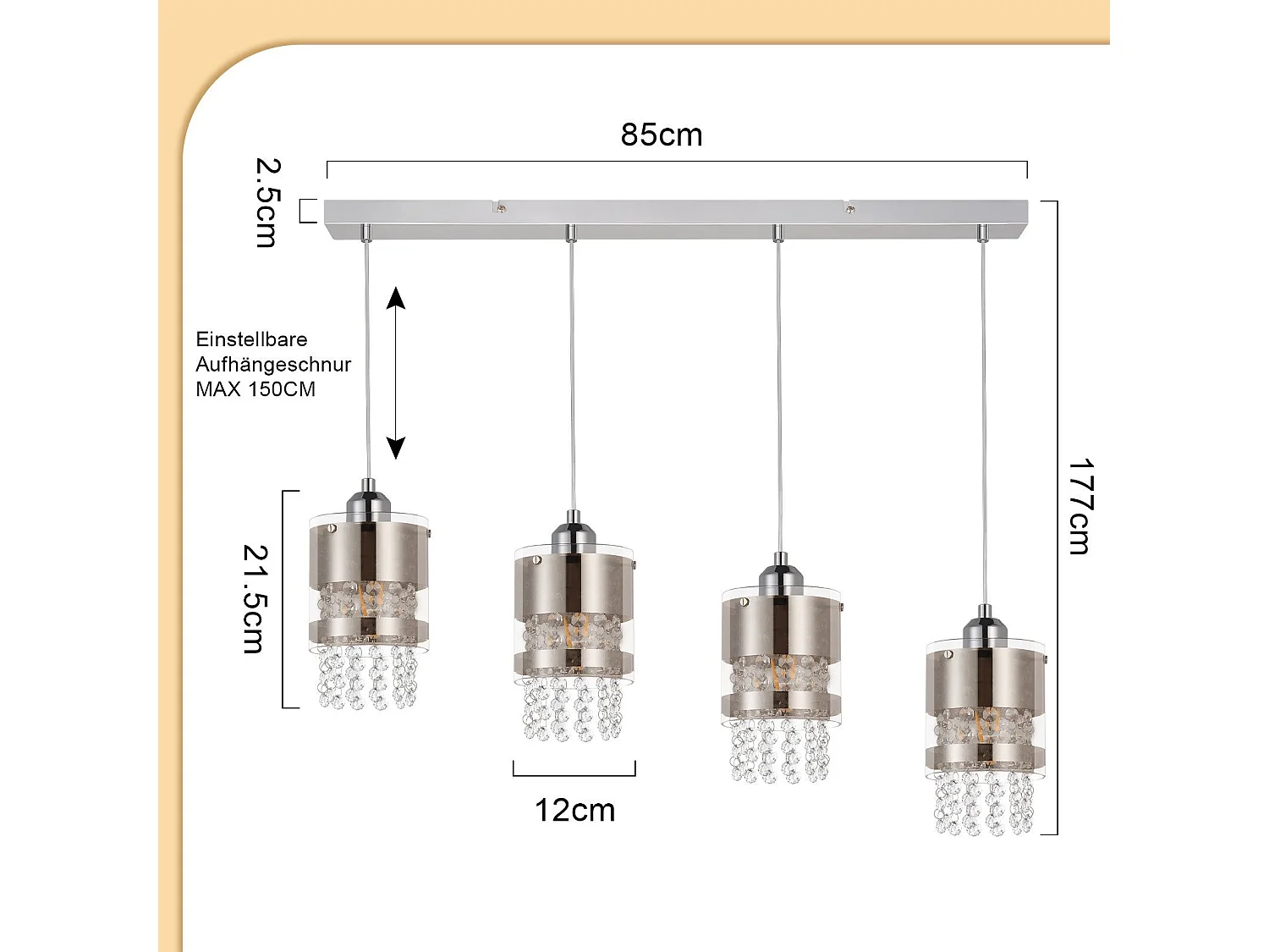 NETTLIFE Suspension Table à manger Moderne Verre Suspension 4 Flammes Suspendue 150CM Réglable en hauteur Cristal E27