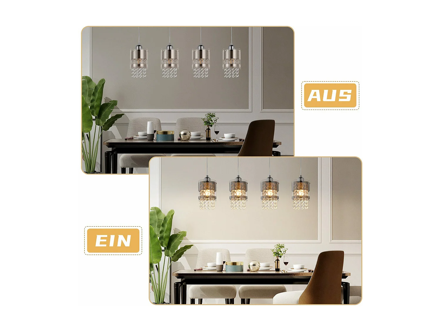 NETTLIFE Suspension Table à manger Moderne Verre Suspension 4 Flammes Suspendue 150CM Réglable en hauteur Cristal E27