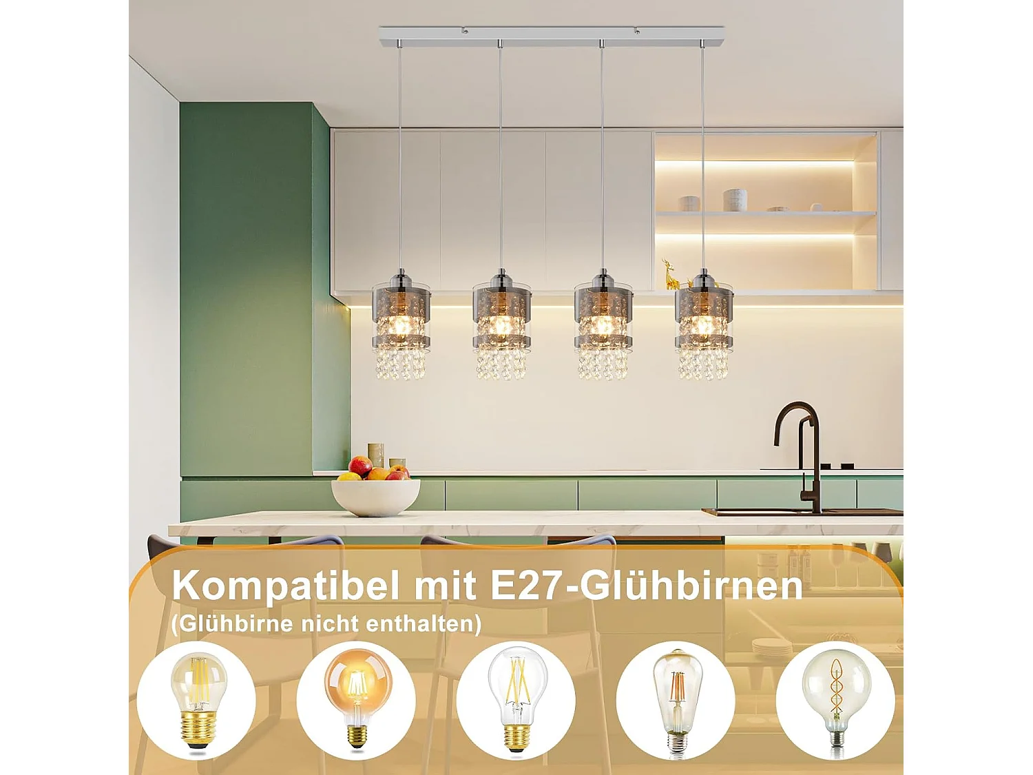 NETTLIFE Suspension Table à manger Moderne Verre Suspension 4 Flammes Suspendue 150CM Réglable en hauteur Cristal E27