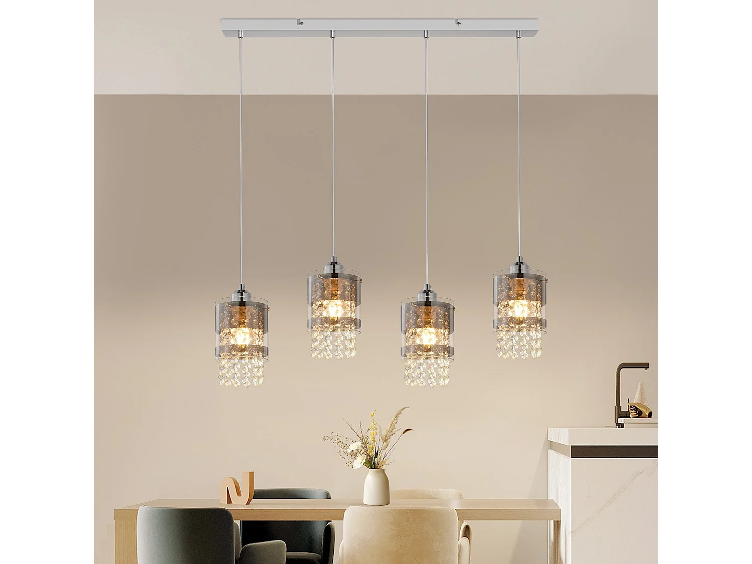 NETTLIFE Suspension Table à manger Moderne Verre Suspension 4 Flammes Suspendue 150CM Réglable en hauteur Cristal E27